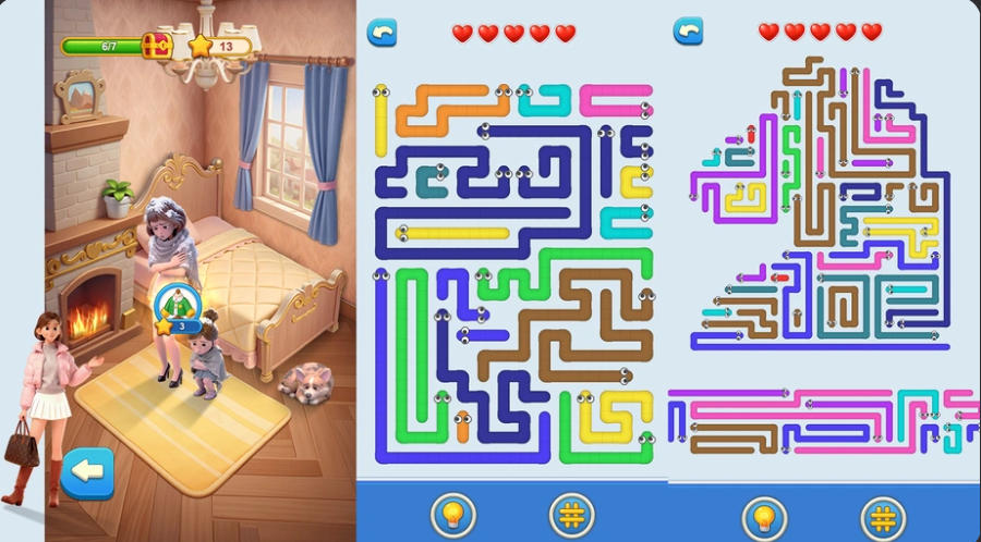 アローズ:ファミリーを助けようのゲーム画面: 矢印の流れと障害物を読んでルートを選ぶ場面
