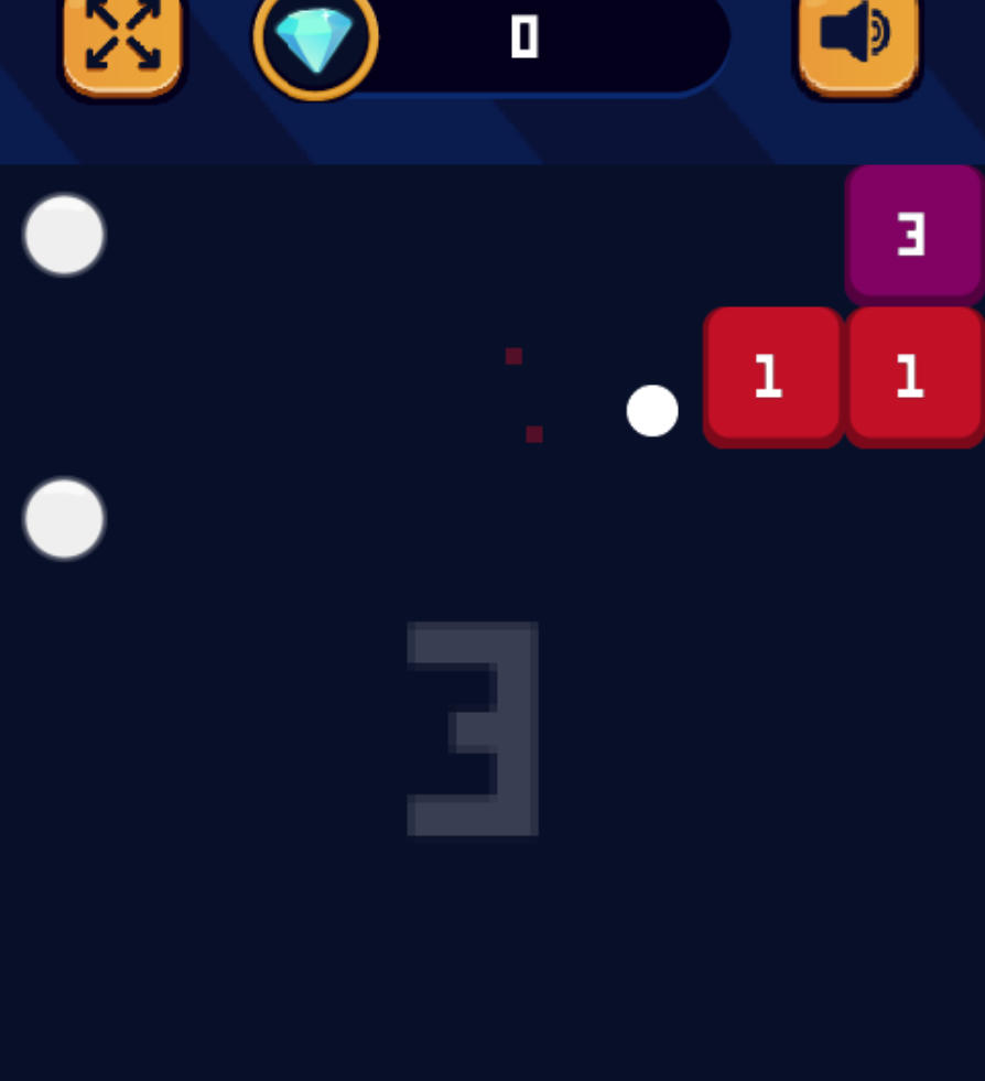 Balls and Bricksのゲーム画面: 番号付きブロックをボールの列で破壊する場面