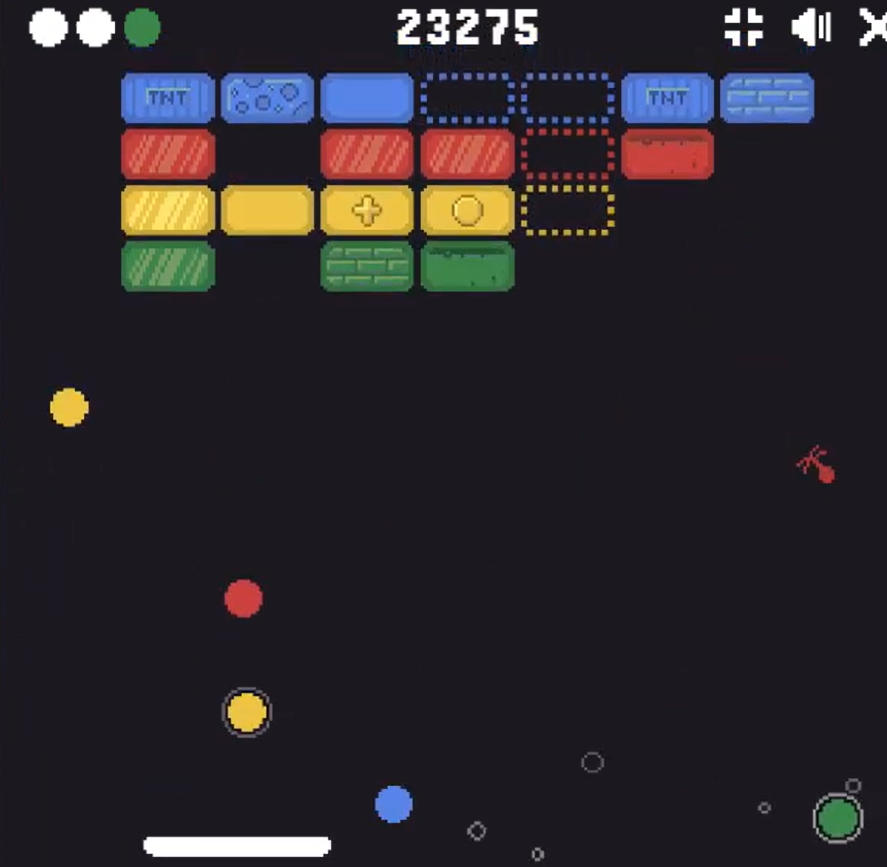 Block Breakerのゲーム画面: パドルでボールを打ち返してブロックを崩す場面