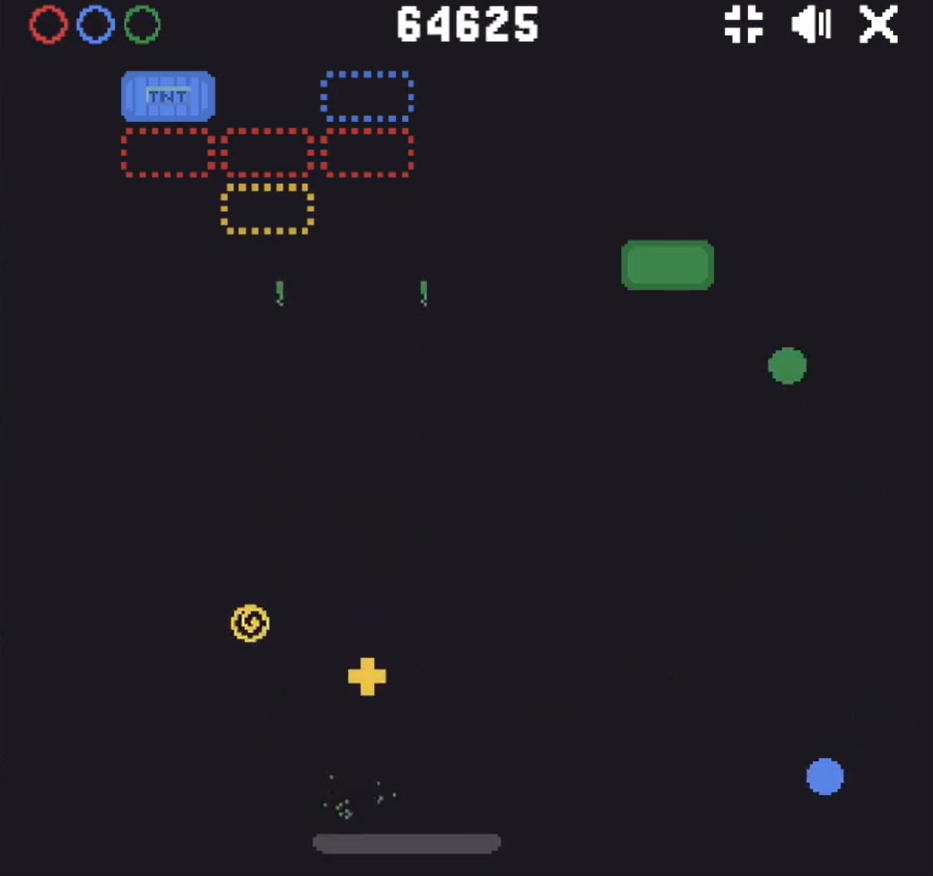 Block Breakerのゲーム画面: カラフルなブロックを連続で破壊する場面