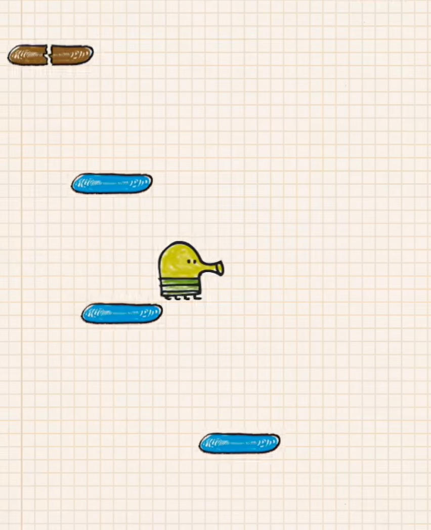 ドゥードルジャンプ 2(Doodle Jump 2)のゲーム画面: 足場をジャンプしながらモンスターやトラップを避けて上を目指す無料アクションゲーム