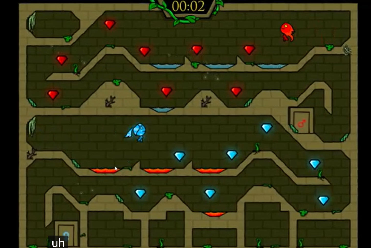 Fireboy and Watergirl 1: The Forest Templeのゲーム画面: ファイアーボーイ&ウォーターガールが森の神殿でダイヤを集める協力パズル