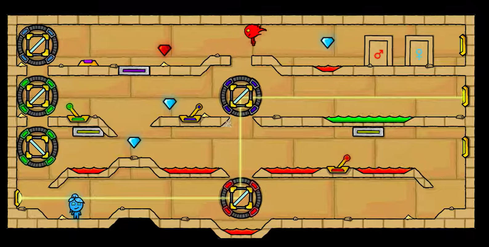 Fireboy and Watergirl 5 Elementsのゲーム画面: ファイアーボーイ&ウォーターガール5が属性の異なる神殿でパズルを解く協力ゲーム