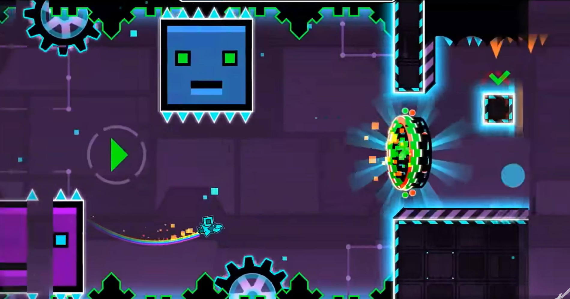 Geometry Dash Deadlockedのプレイ画面:鮮やかな世界に配置された緻密な障害物
