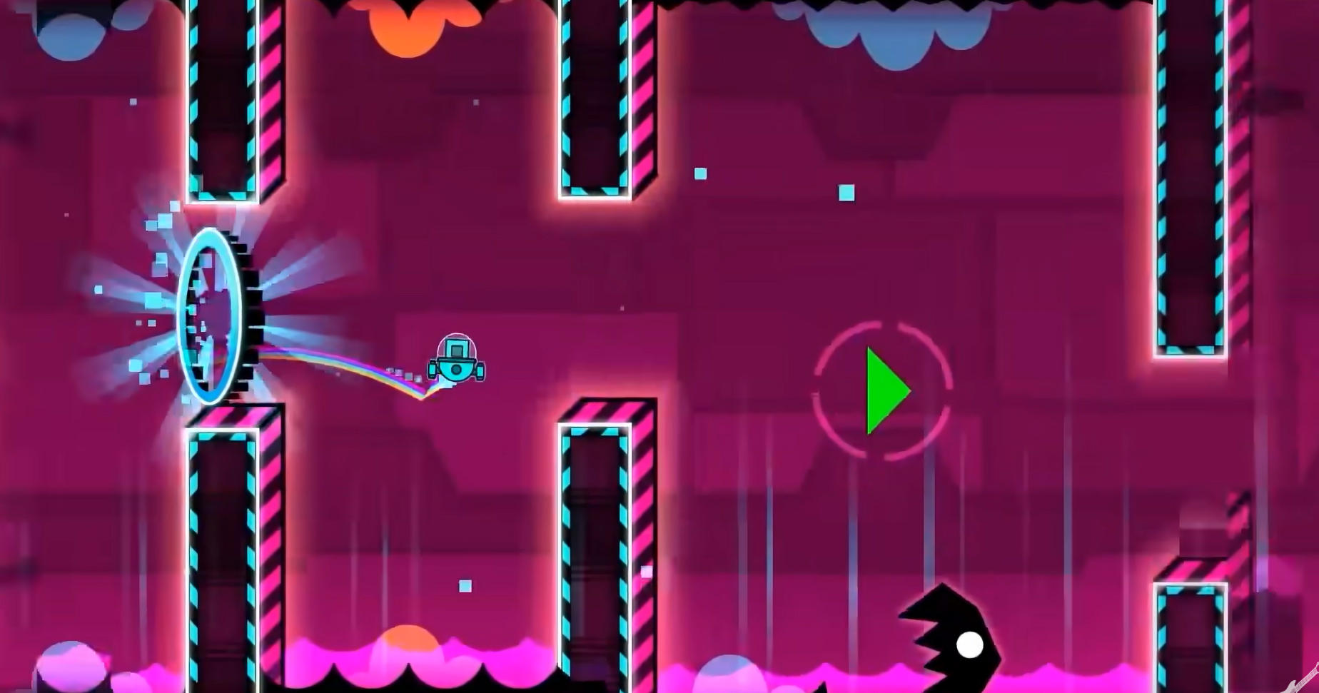 Geometry Dash Deadlockedのプレイ画面:音楽とシンクロするハイスピードランナー