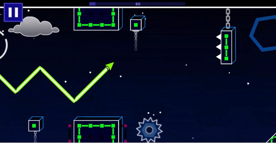 ジオメトリダッシュ波・オリジナルのゲーム画面: カラフルなステージでウェーブを操作する無料リズムアクション