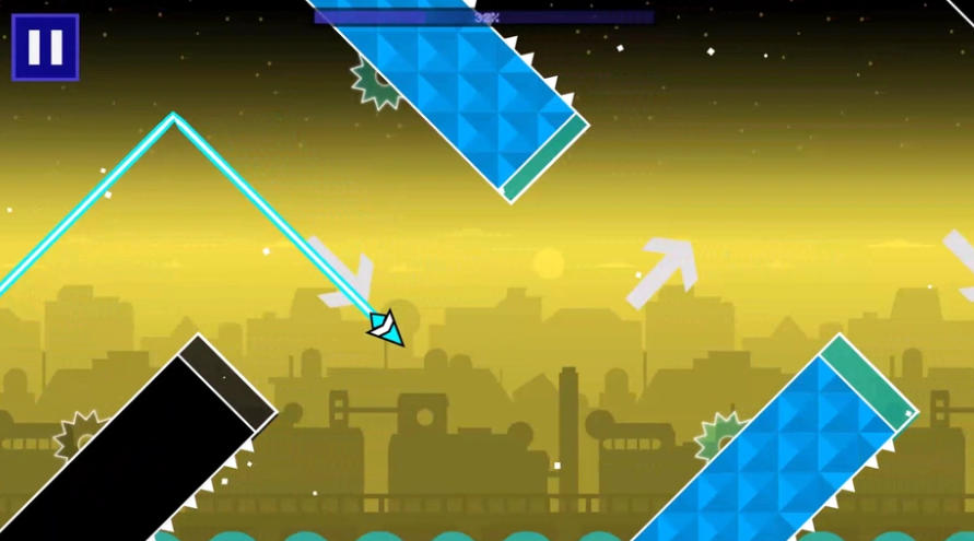 ジオメトリダッシュ波・オリジナルのゲーム画面: のこぎりや移動ギミックを避けて進むウェーブステージ