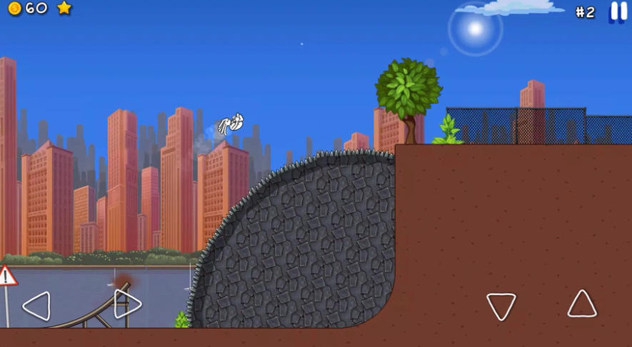 Parkour(パルクール)のゲーム画面:トゲに覆われた急斜面をジャンプで越えるキャラクター