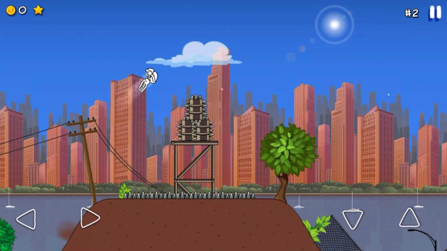 Parkour(パルクール)のゲーム画面:狭い足場とトゲが続く都市の障害物コース