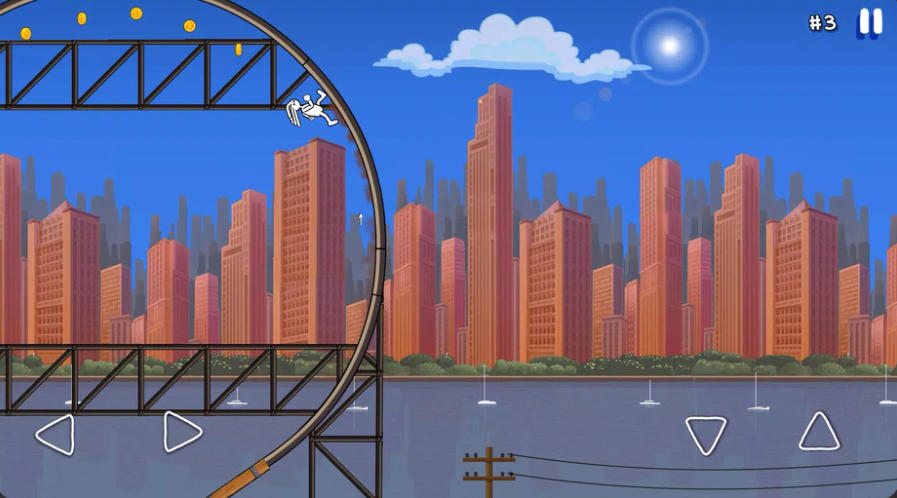 Parkour(パルクール)のゲーム画面:都市を背景に巨大なループを走りながらコインを集める場面