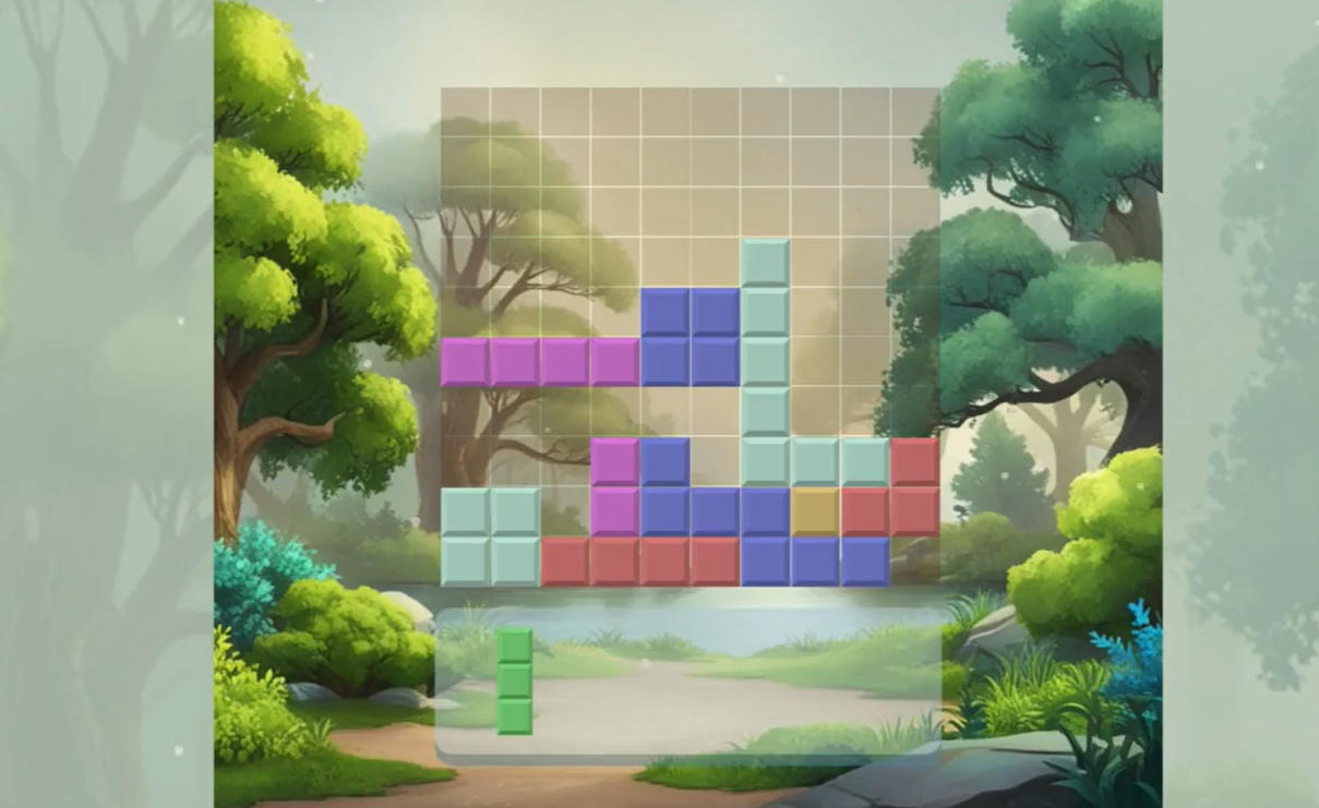 ブロックスタックのゲーム画面: 10×10グリッドにブロックを置いて行や列を消す戦略パズルゲーム